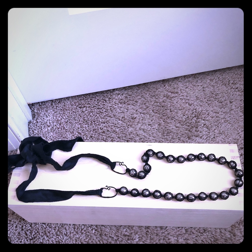 Black lace tie long  beaded necklace